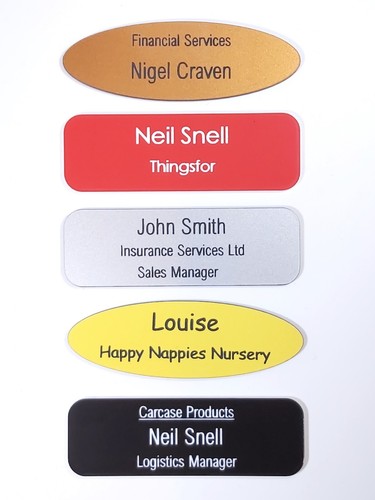 Etched name badges with - name,