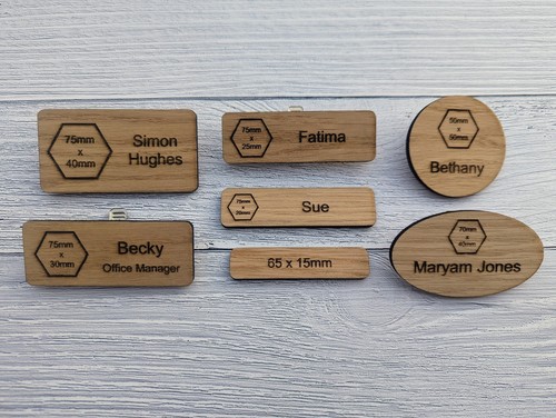 Custom wooden name badges - name,